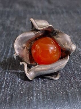 Handcrafted Silver Flower Ring with Orange Carnelian Stone Georg Jensen Style